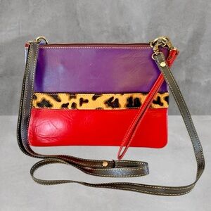 NWOT Folklore Couture Pony Hair Leather Leopard Print Skin Handbag Purse Purple